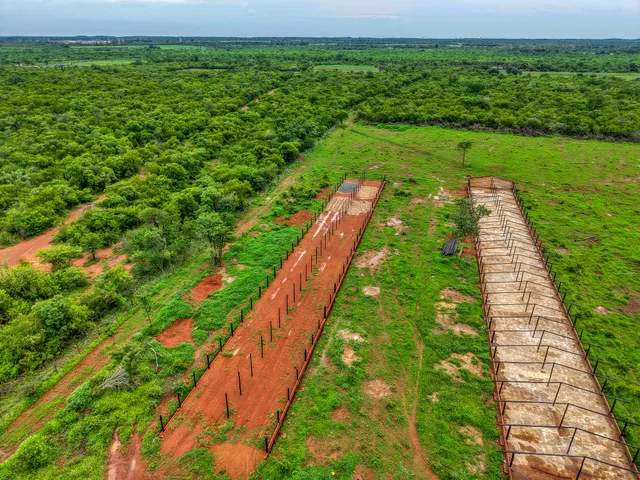 Aerial view of foundation trenches across the site