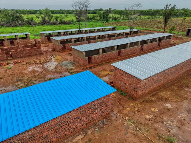 Aerial view of the farm with new roofing