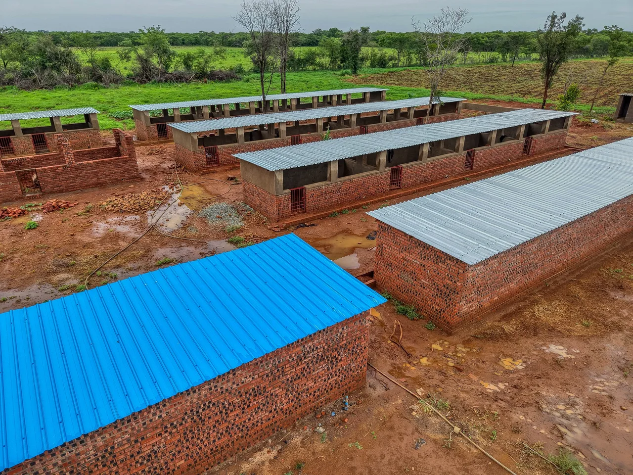 Aerial view of the Ecomatt Farm buildings with new roofing at Plot 12 Sherwood, Kwekwe