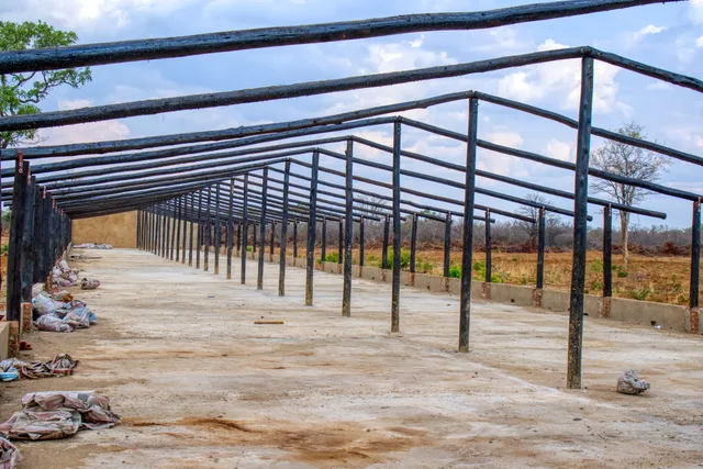 Steel roof trusses erected over the new pens
